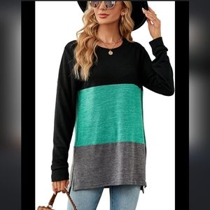 Women Tops Long Sleeve Round Neck Blouse Color Contrast Pullover Casual